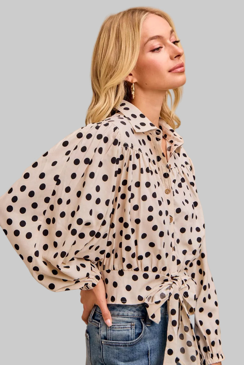 Ailany Polka Dot Print Tied Collared Shirt