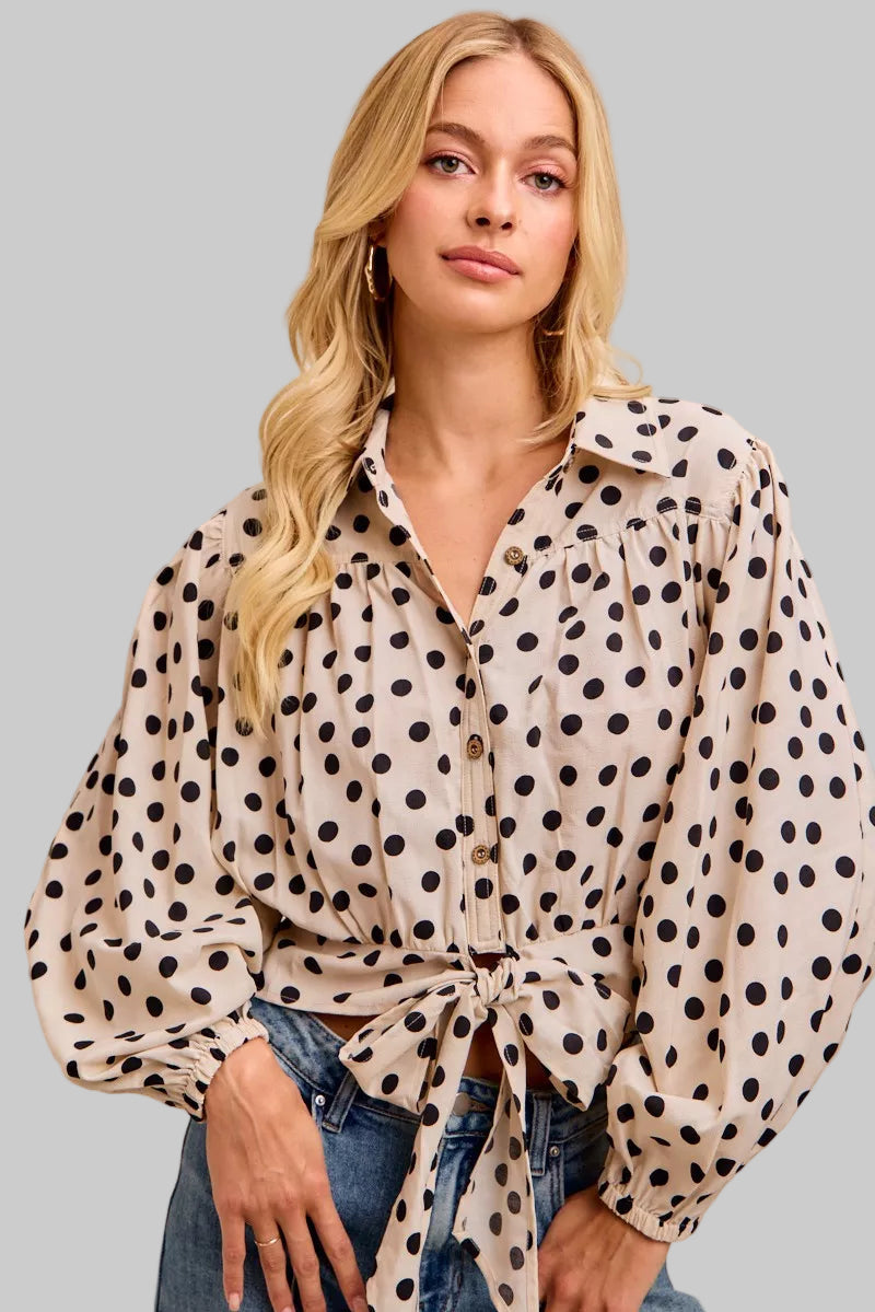 Ailany Polka Dot Print Tied Collared Shirt