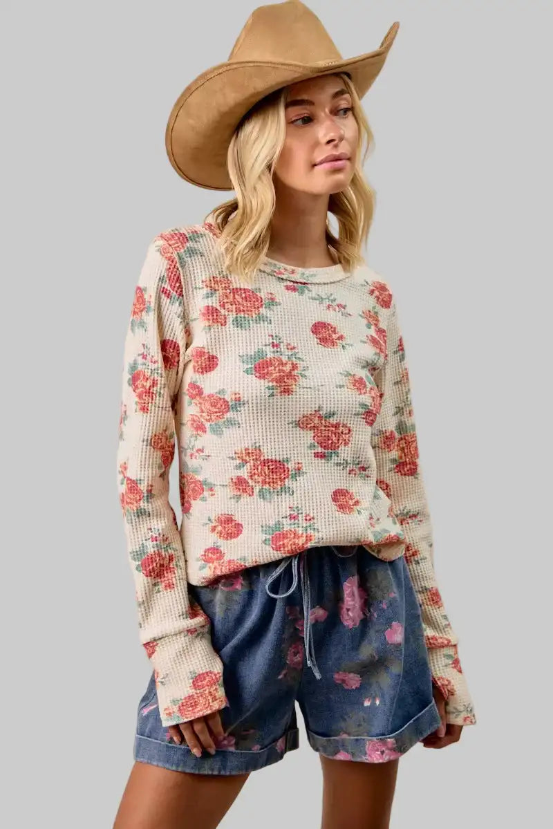 Alaia Floral Print Thermal Top - Oatmeal