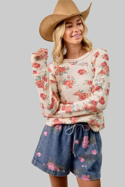 Alaia Floral Print Thermal Top - Oatmeal