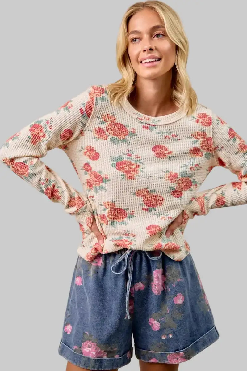 Alaia Floral Print Thermal Top - Oatmeal