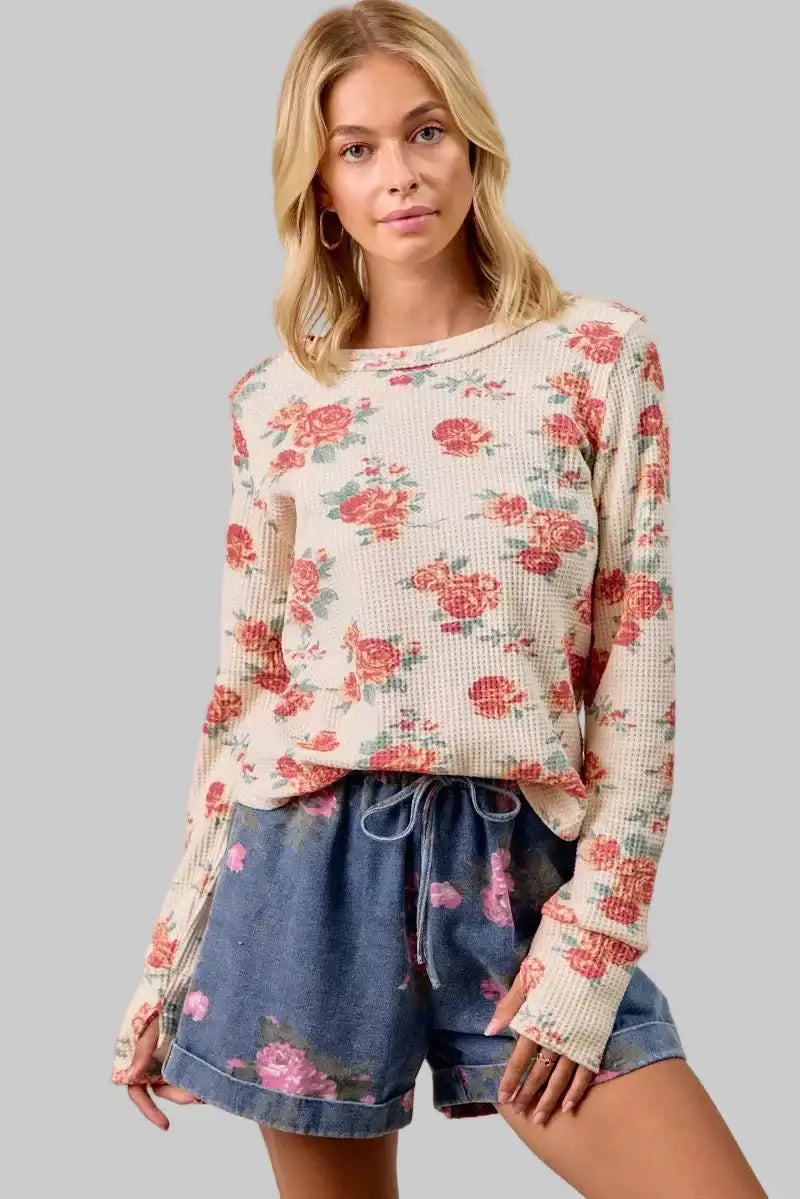 Alaia Floral Print Thermal Top - Oatmeal