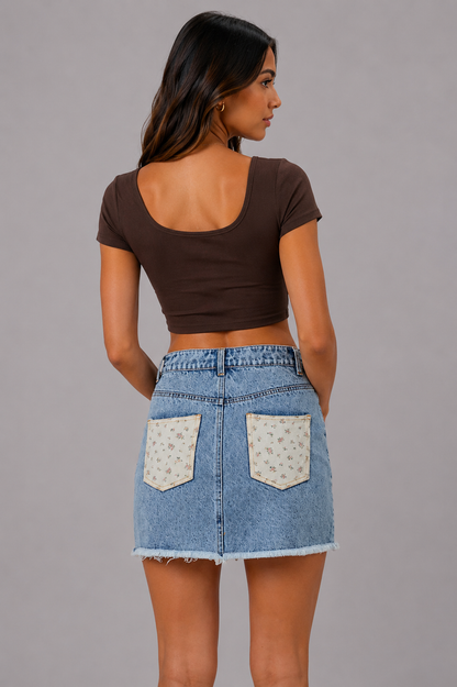 Alexandra Denim Floral Pockets Mini Skirt