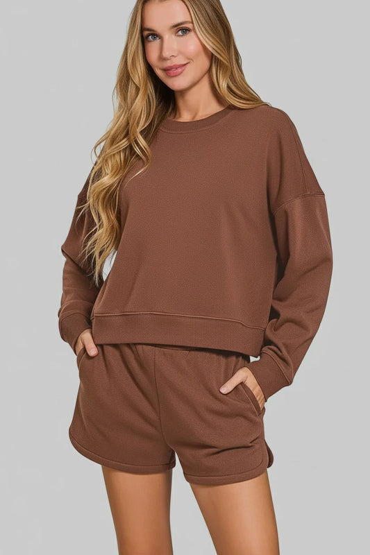 Alice Fleece Sweatshirts and Shorts Set - Chocolate