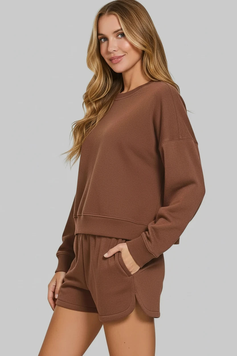 Alice Fleece Sweatshirts and Shorts Set - Chocolate