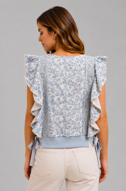 Alora Floral Lace Trim Side Bow Tied Top