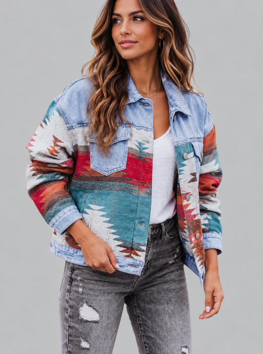A woman wearing a light blue denim jacket with colorful Southwestern-style geometric and mountain pattern panels, styled with a white top and distressed gray jeans against a solid gray studio background.