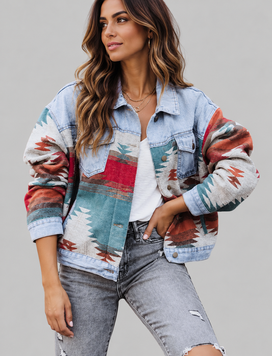 Altanna Geometric Aztec Print Denim Jacket