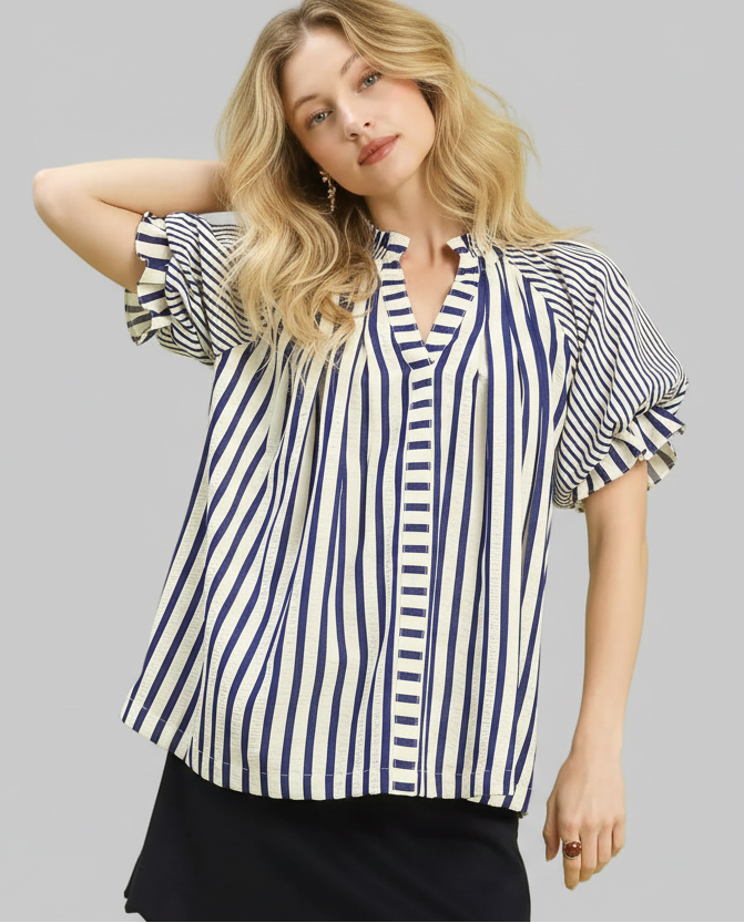 Amaya Nautical Striped Flutter Sleeve Top