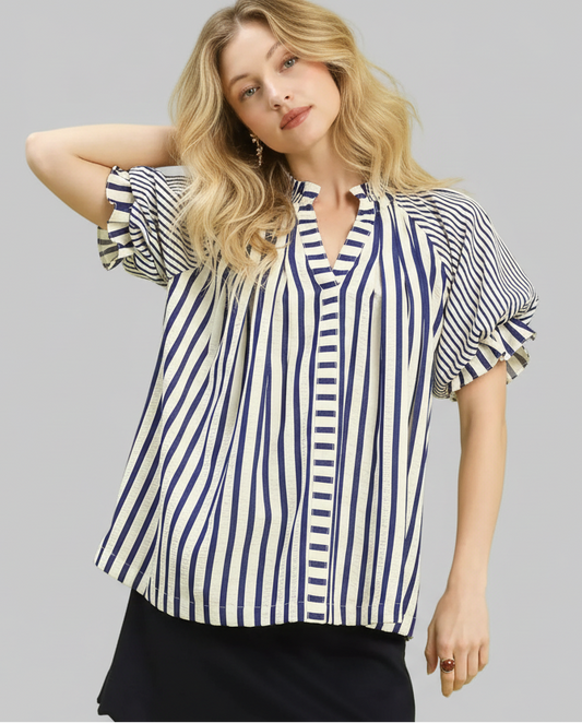 Amaya Nautical Striped Flutter Sleeve Top