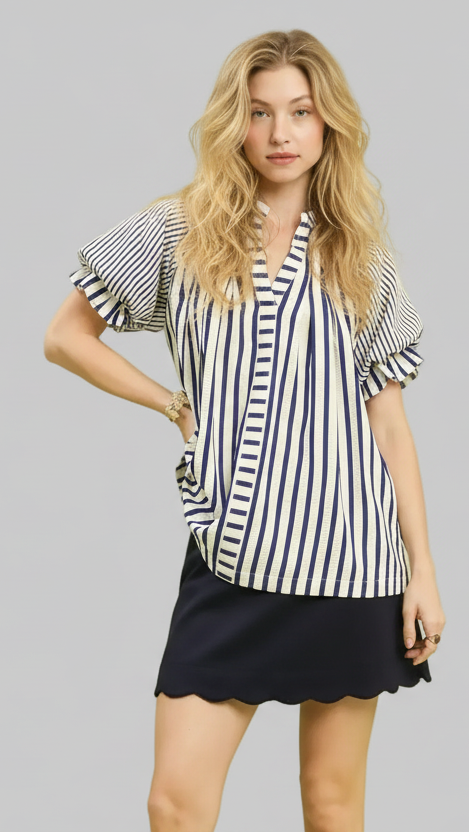 Amaya Nautical Striped Flutter Sleeve Top