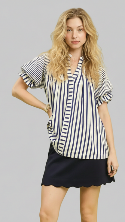 Amaya Nautical Striped Flutter Sleeve Top