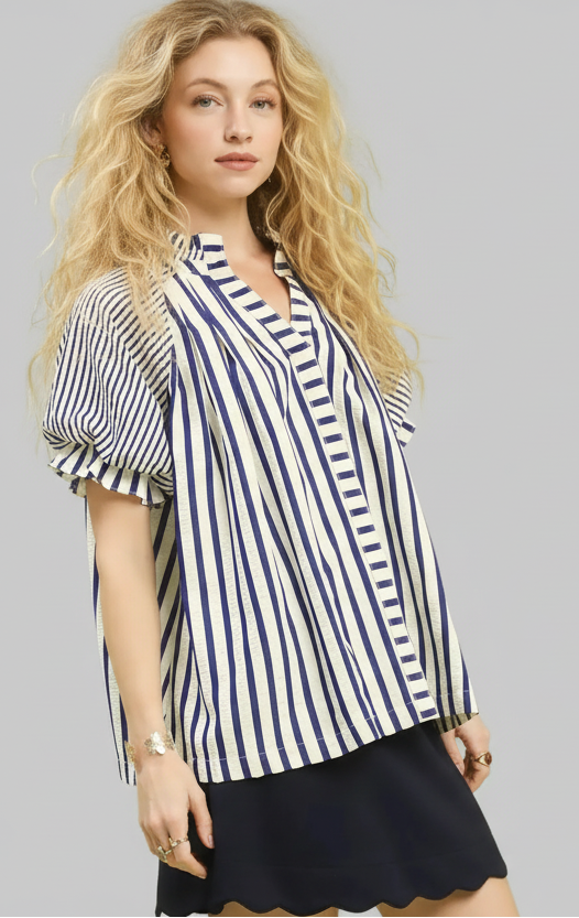 Amaya Nautical Striped Flutter Sleeve Top