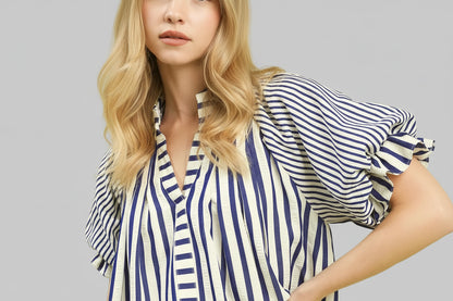 Amaya Nautical Striped Flutter Sleeve Top