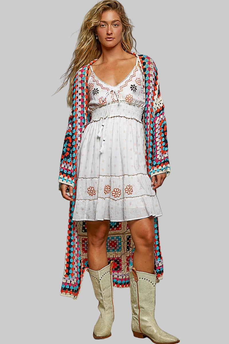 Annaka Boho Open Front Crochet Weaved Colorful Cardigan 