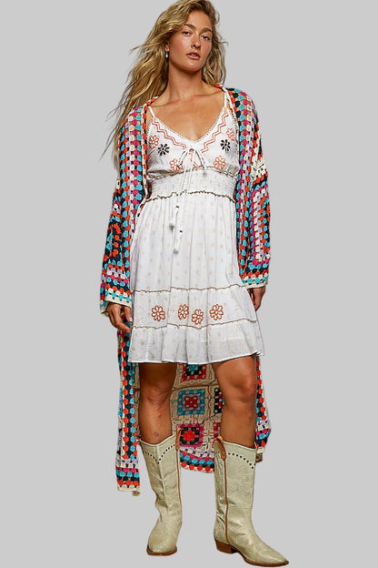 Annaka Boho Open Front Crochet Weaved Colorful Cardigan 