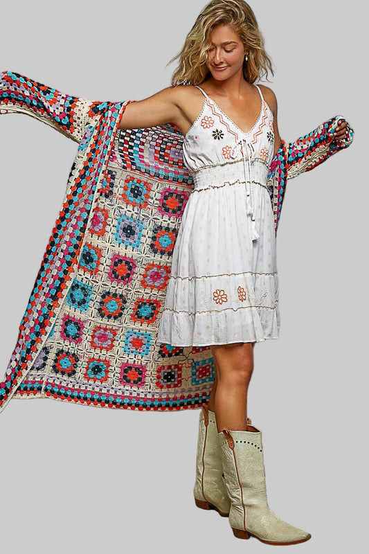 Annaka Boho Open Front Crochet Weaved Colorful Cardigan 