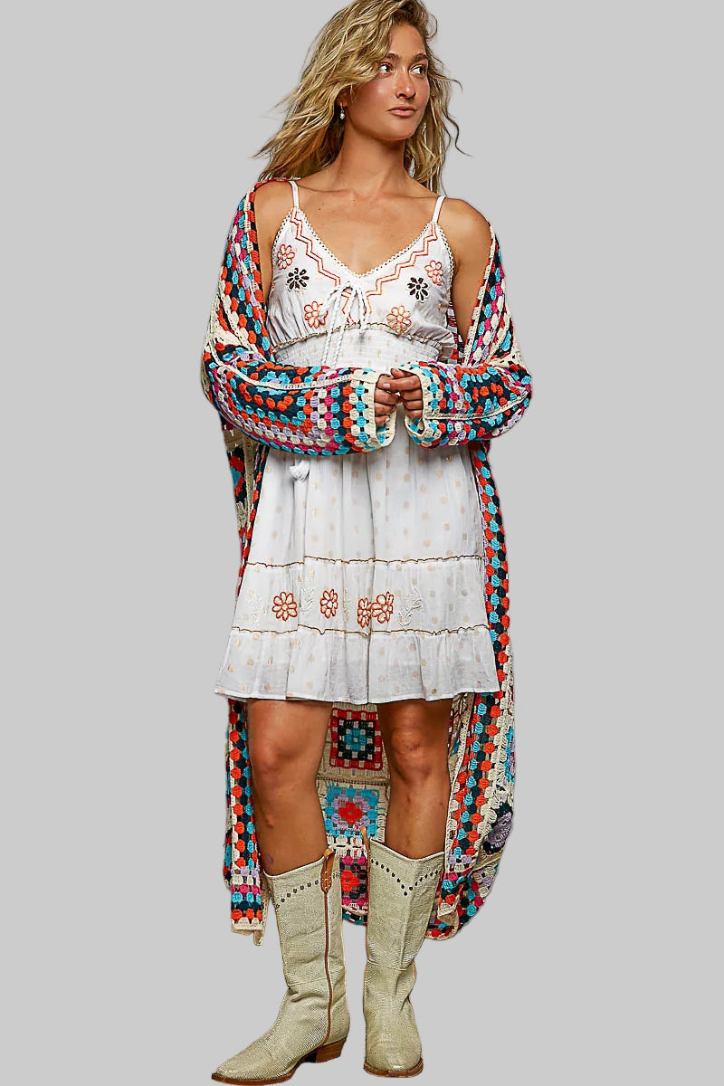 Annaka Boho Open Front Crochet Weaved Colorful Cardigan 