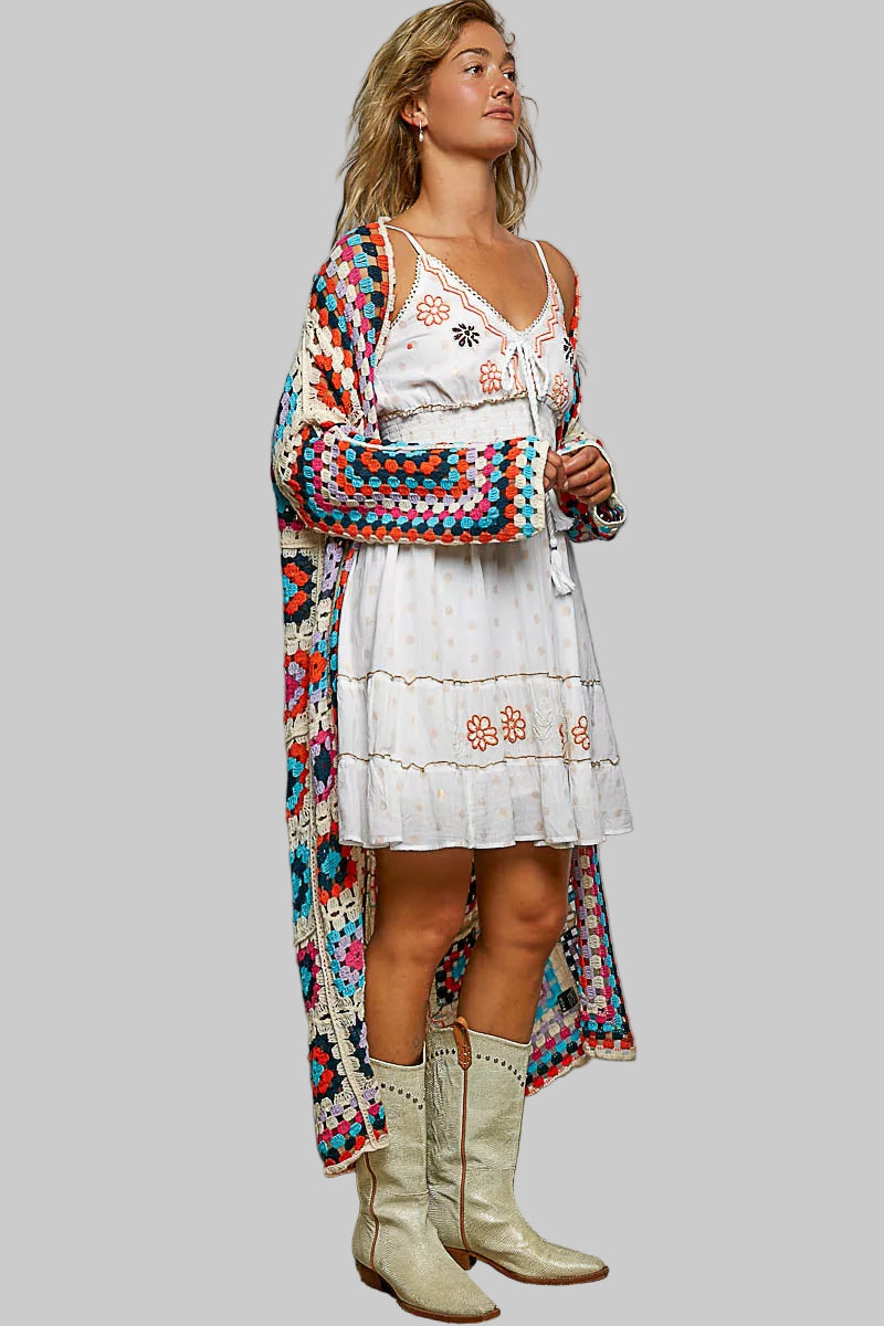 Annaka Boho Open Front Crochet Weaved Colorful Cardigan 