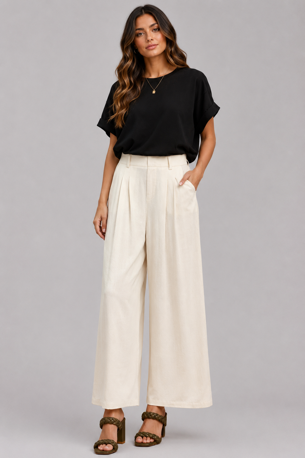 Annika High Waist Linen Blend Wide Leg Trousers