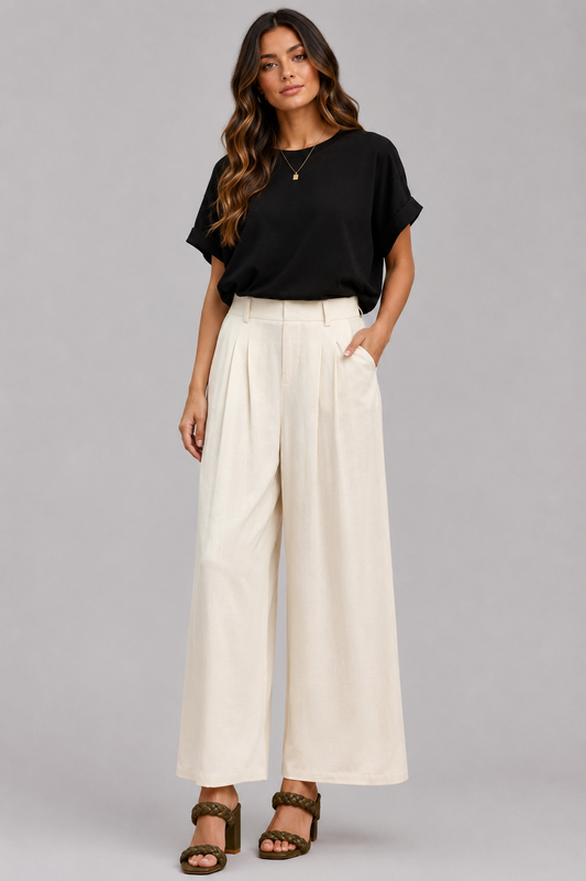 Annika High Waist Linen Blend Wide Leg Trousers