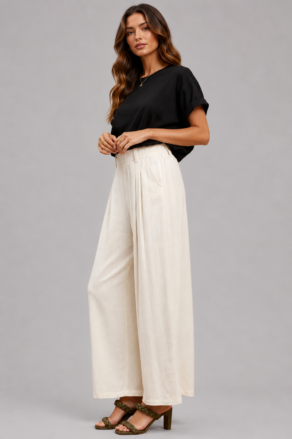 Annika High Waist Linen Blend Wide Leg Trousers