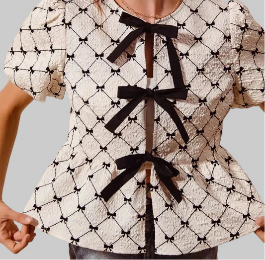 Arianna Textured Peplum Bow Top