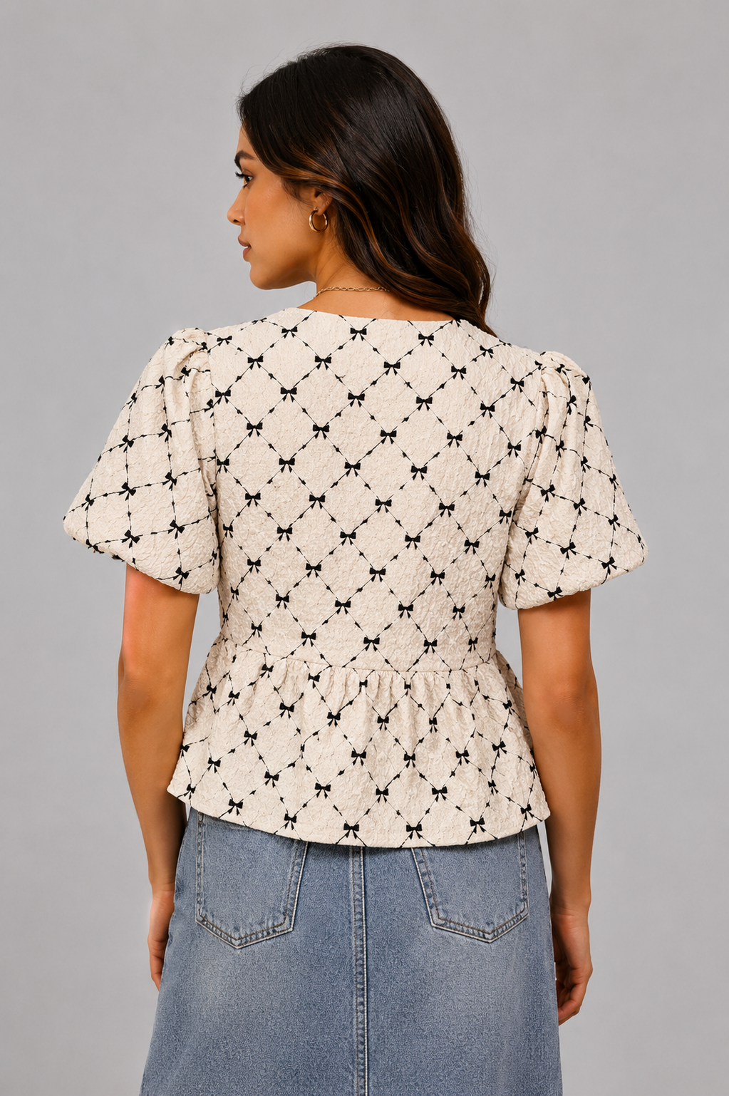 Arianna Textured Peplum Bow Top
