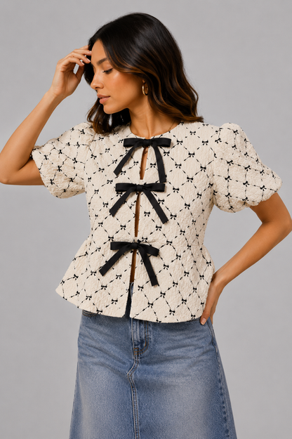 Arianna Textured Peplum Bow Top