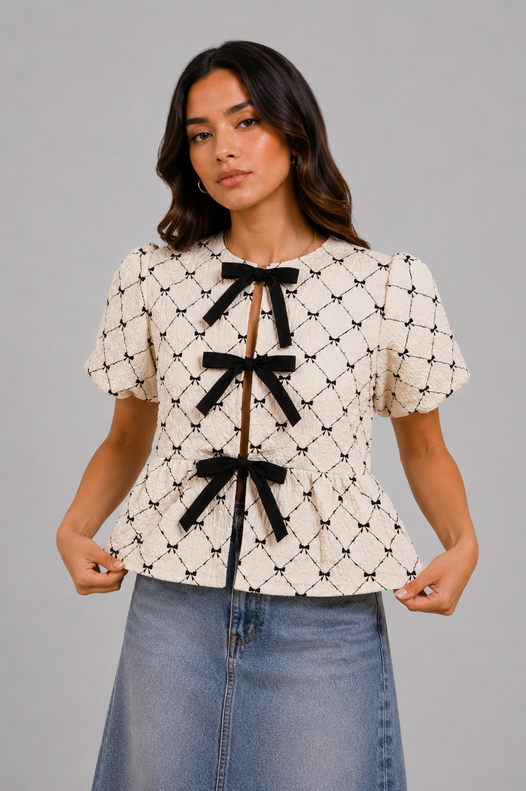 Arianna Textured Peplum Bow Top
