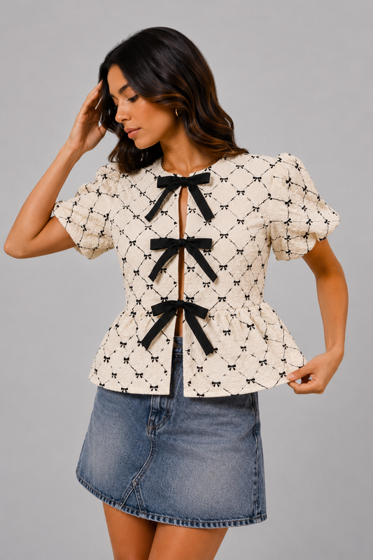 Arianna Textured Peplum Bow Top