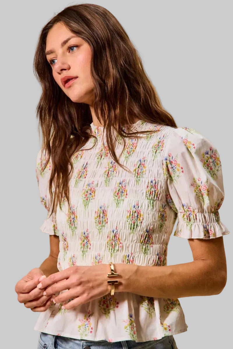 Ariella Floral Smocked Ruffle Peplum Top