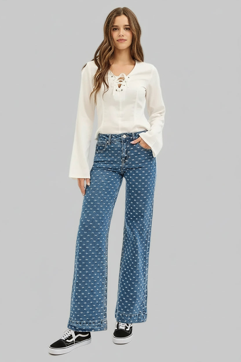 Boho High Rise Wide Leg Bow Embroidered Jeans