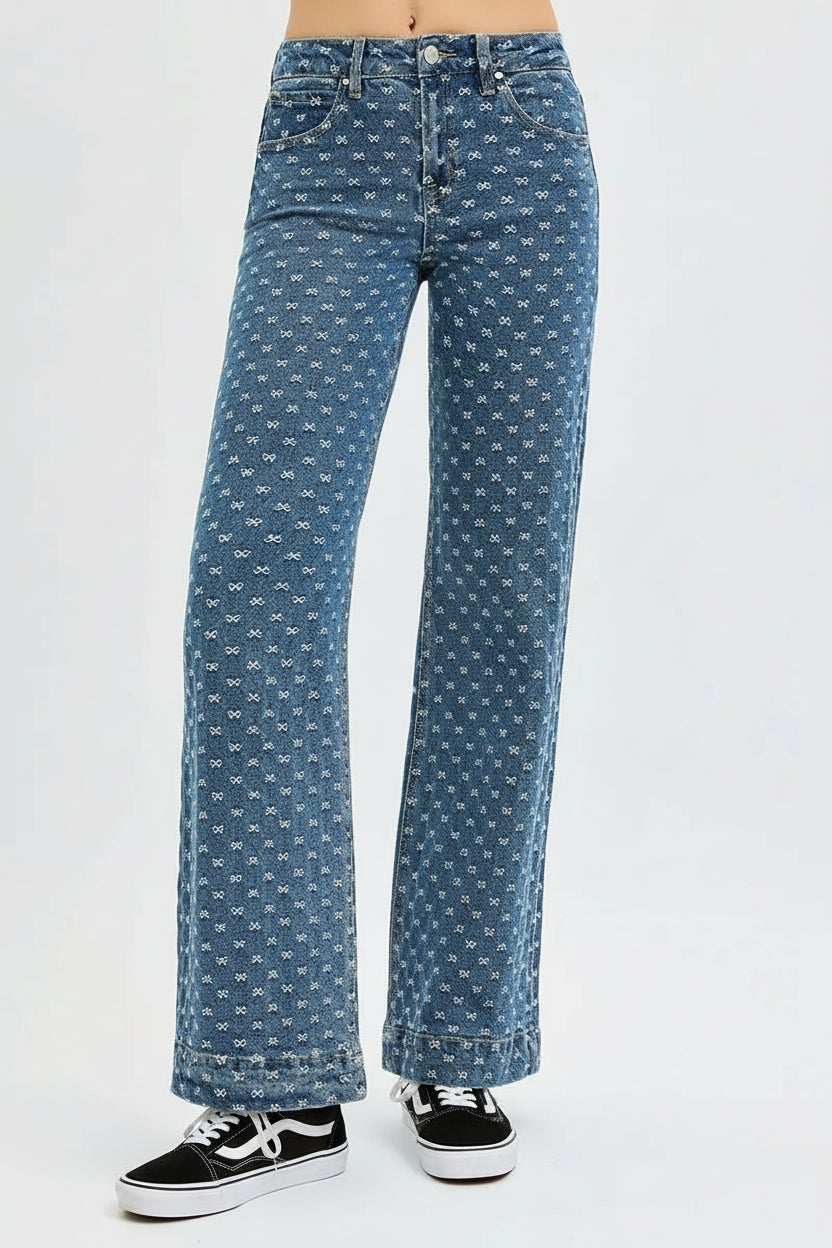 Audrey BHigh Rise Wide Leg Bow Embroidered Jeans