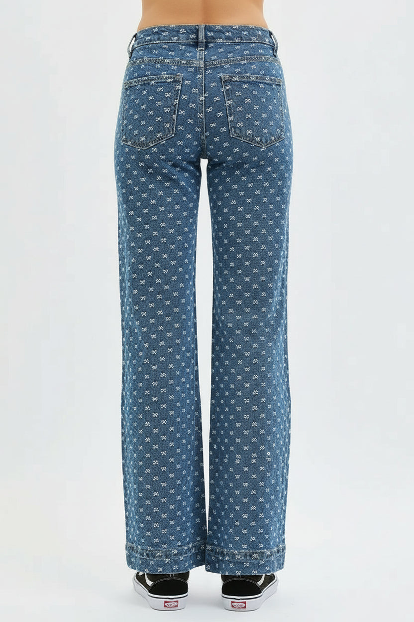 Audrey BHigh Rise Wide Leg Bow Embroidered Jeans