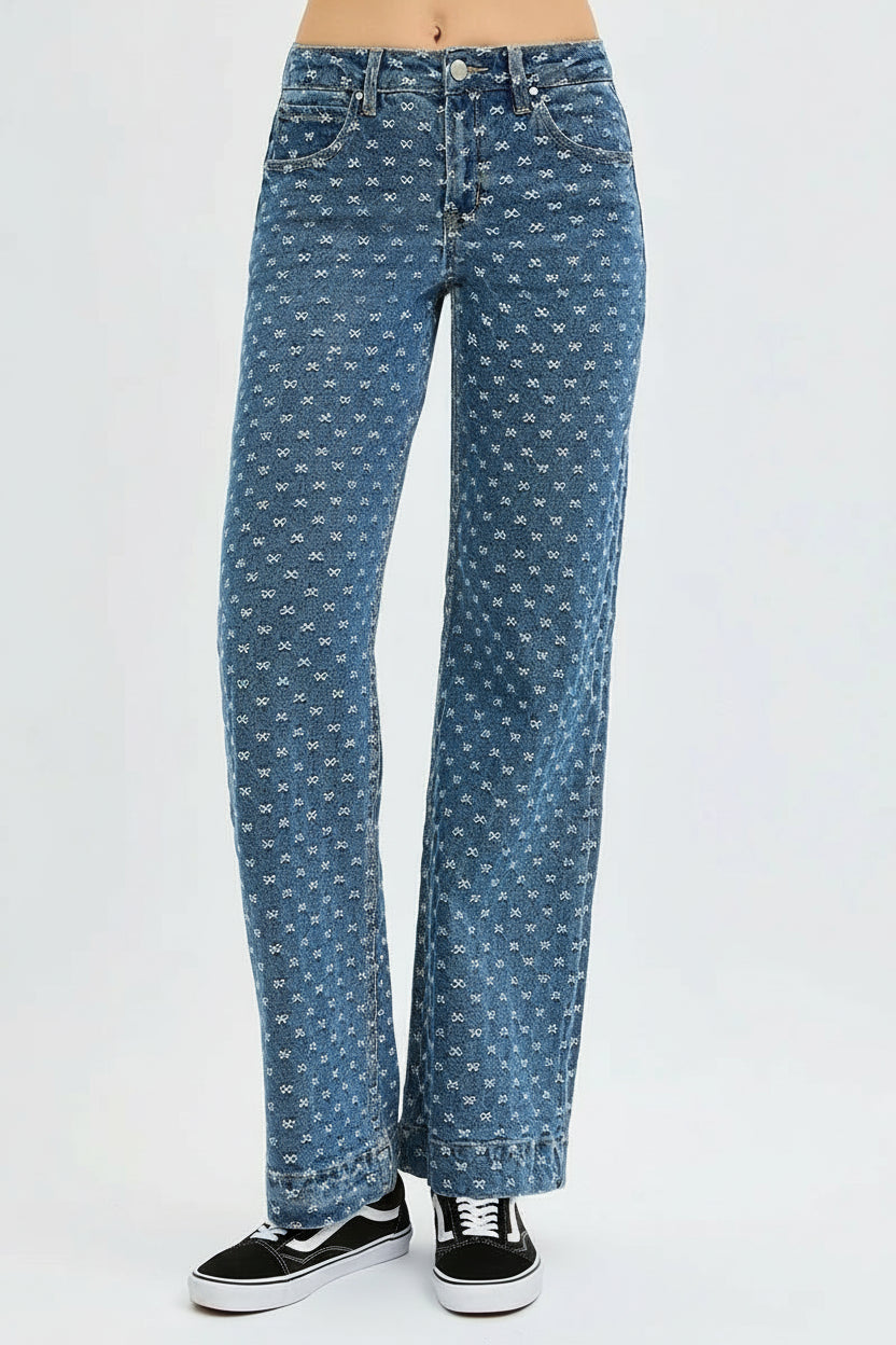 Audrey BHigh Rise Wide Leg Bow Embroidered Jeans