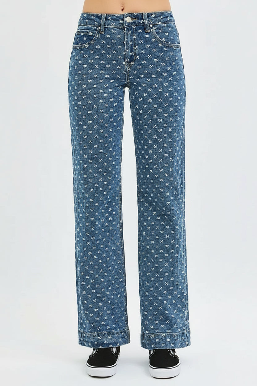 Audrey BHigh Rise Wide Leg Bow Embroidered Jeans