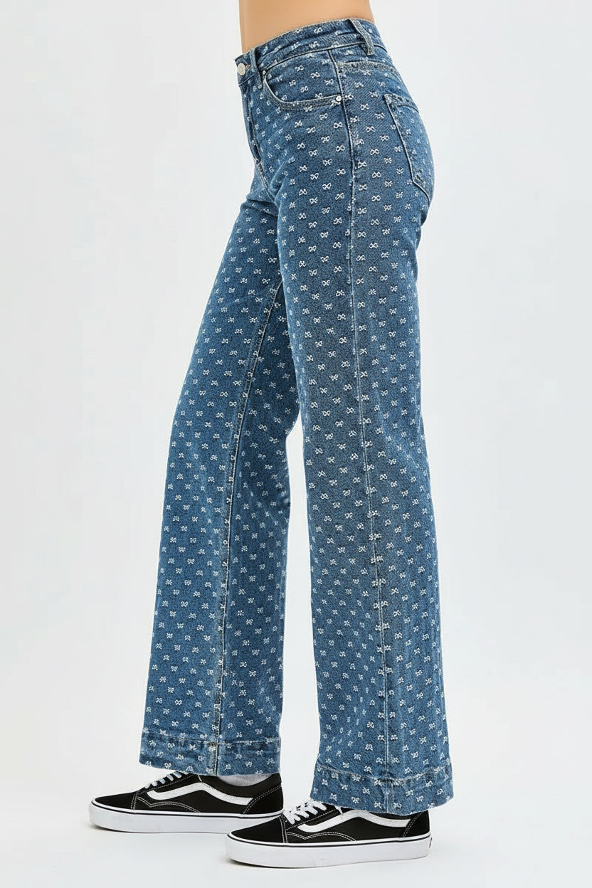 Audrey BHigh Rise Wide Leg Bow Embroidered Jeans