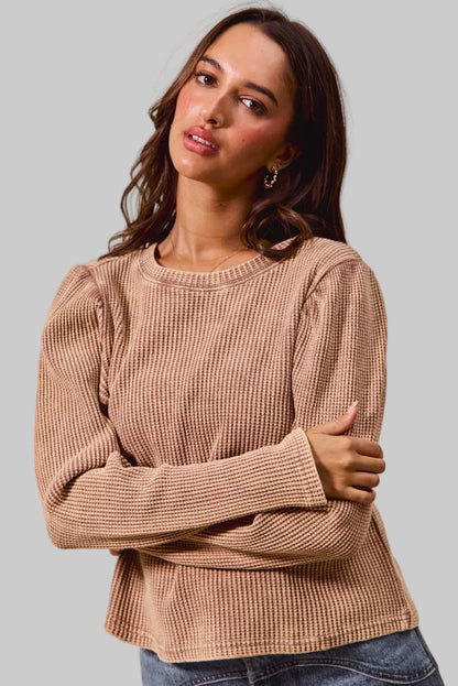 Avery Neutral Boho Mineral Washed Waffle Top With Puff Sleeves