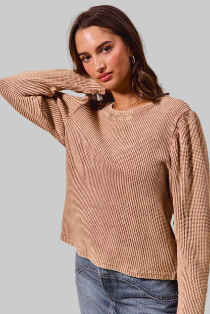Avery Neutral Boho Mineral Washed Waffle Top With Puff Sleeves
