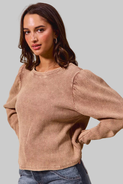 Avery Neutral Boho Mineral Washed Waffle Top With Puff Sleeves