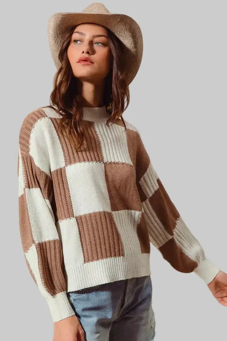Bella Ribbed Color Block Checkered Sweater