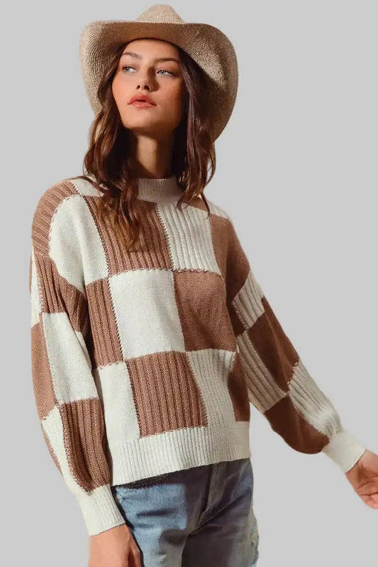 Bella Ribbed Color Block Checkered Sweater