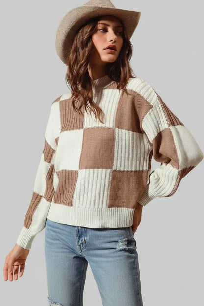 Bella Ribbed Color Block Checkered Sweater