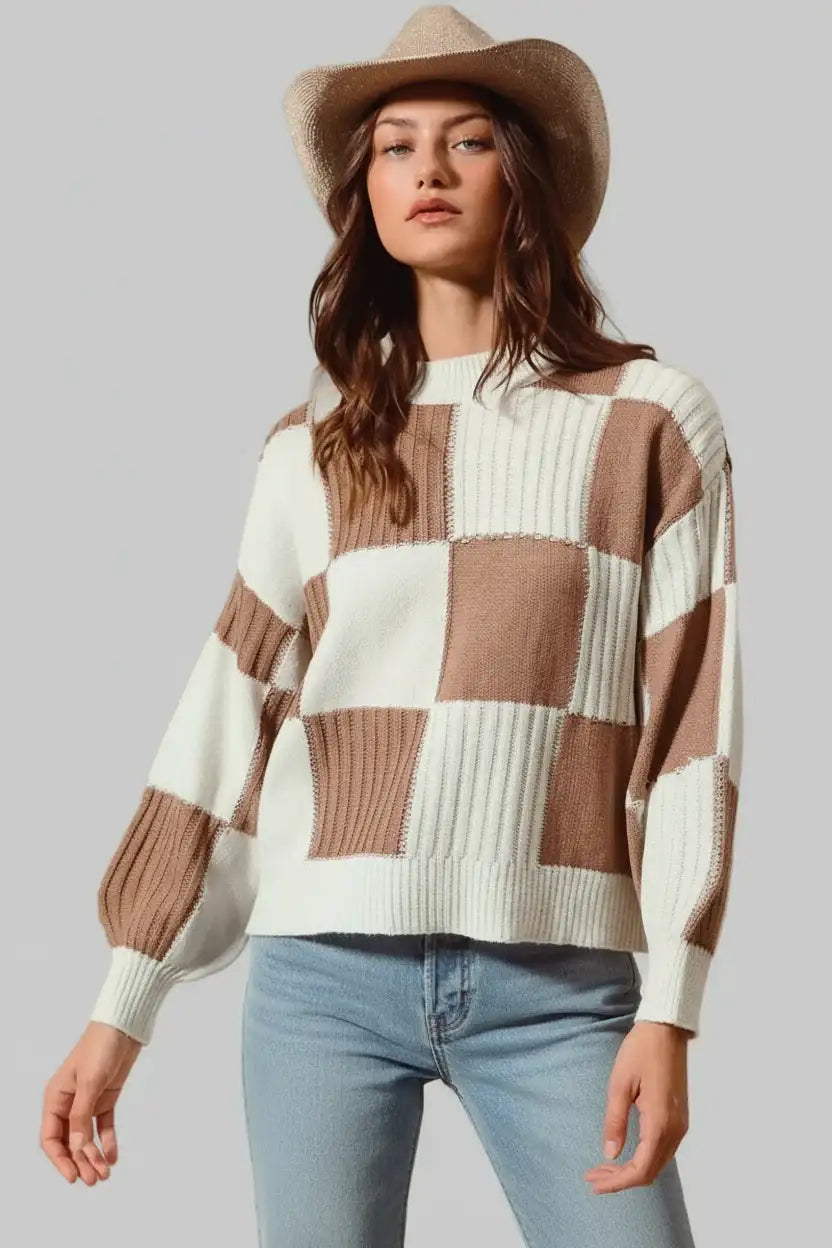 Bella Ribbed Color Block Checkered Sweater