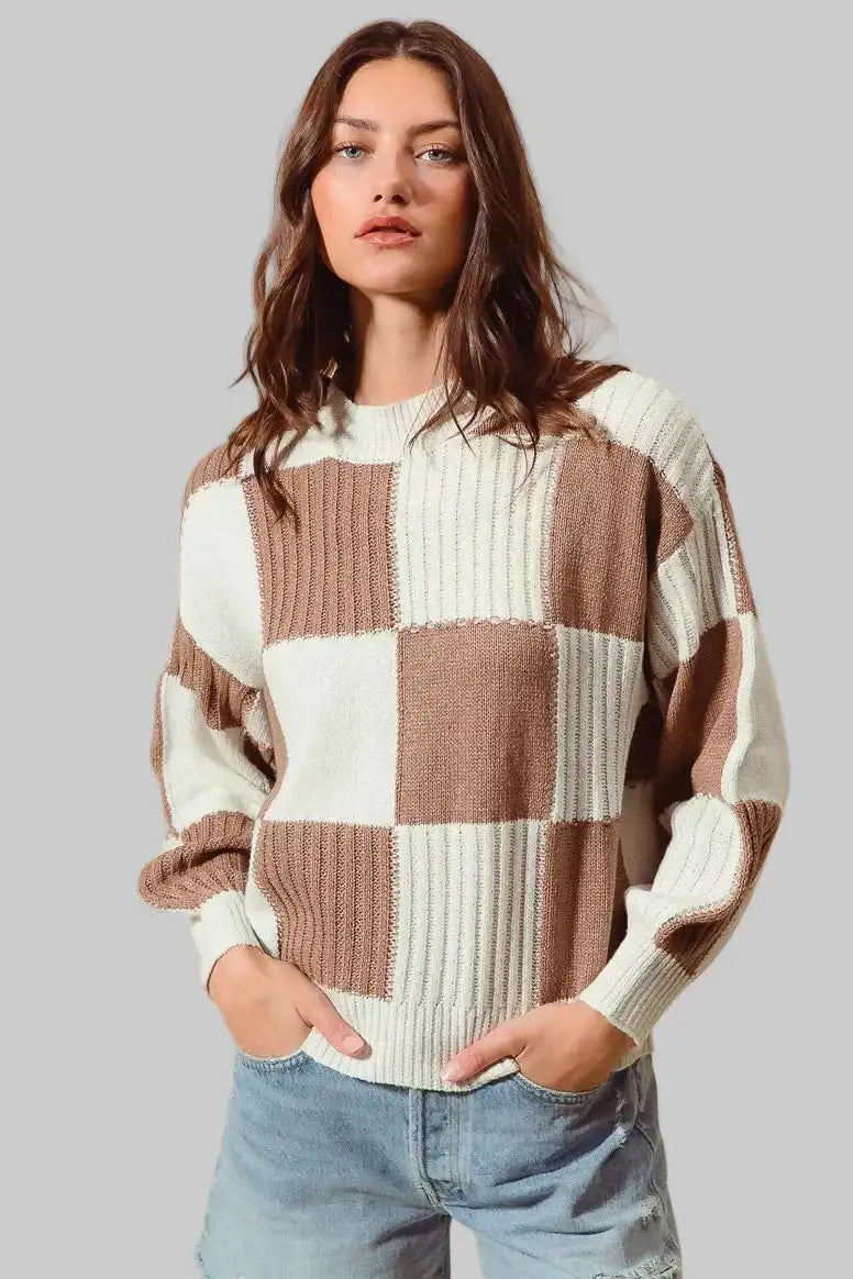 Bella Ribbed Color Block Checkered Sweater