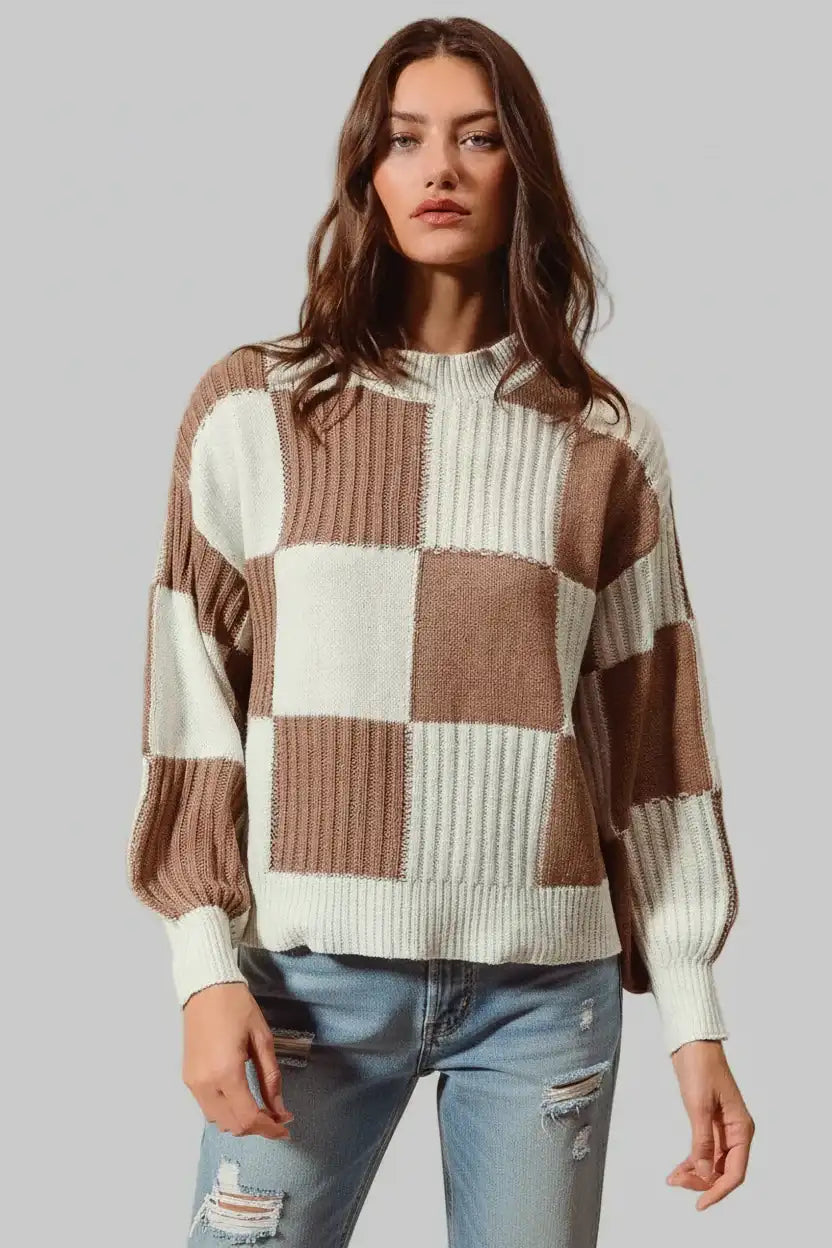 Bella Ribbed Color Block Checkered Sweater