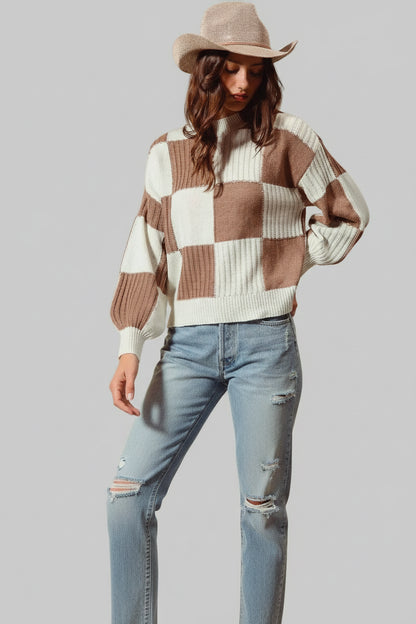 Bella Ribbed Color Block Checkered Sweater