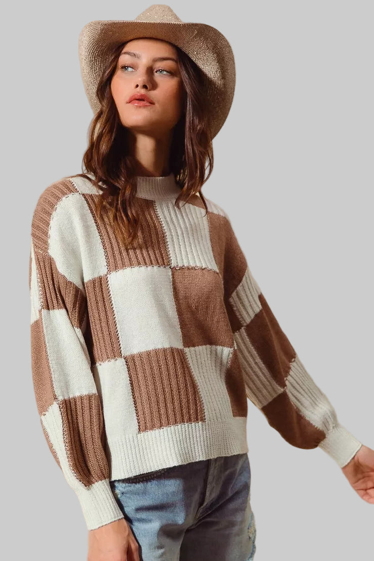 Bella Ribbed Color Block Checkered Sweater