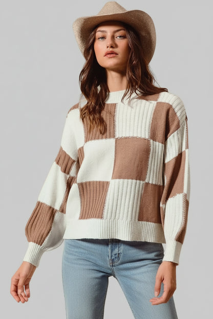 Bella Ribbed Color Block Checkered Sweater